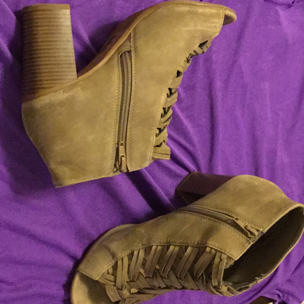 Tan suede open toed high heeled boots